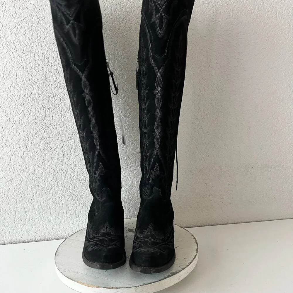 Lane LEXINGTON Over the Knee Cowboy Boots Black Suede Western Tall Snip Toe 7